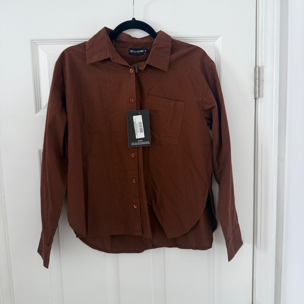 PrettyLittleThing Chocolate Brown Back Tie Long Sleeve Button Down Shirt Size M